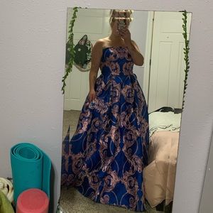 Strapless blue ball gown prom dress